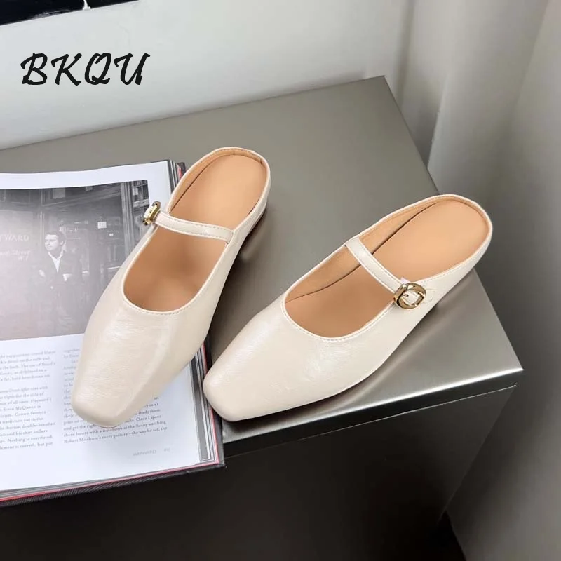 

BKQU 2024 Spring New French Baotou Drag Temperament Gentle Romantic One-button Pointed Head Casual Single Ballet Flat Shoes