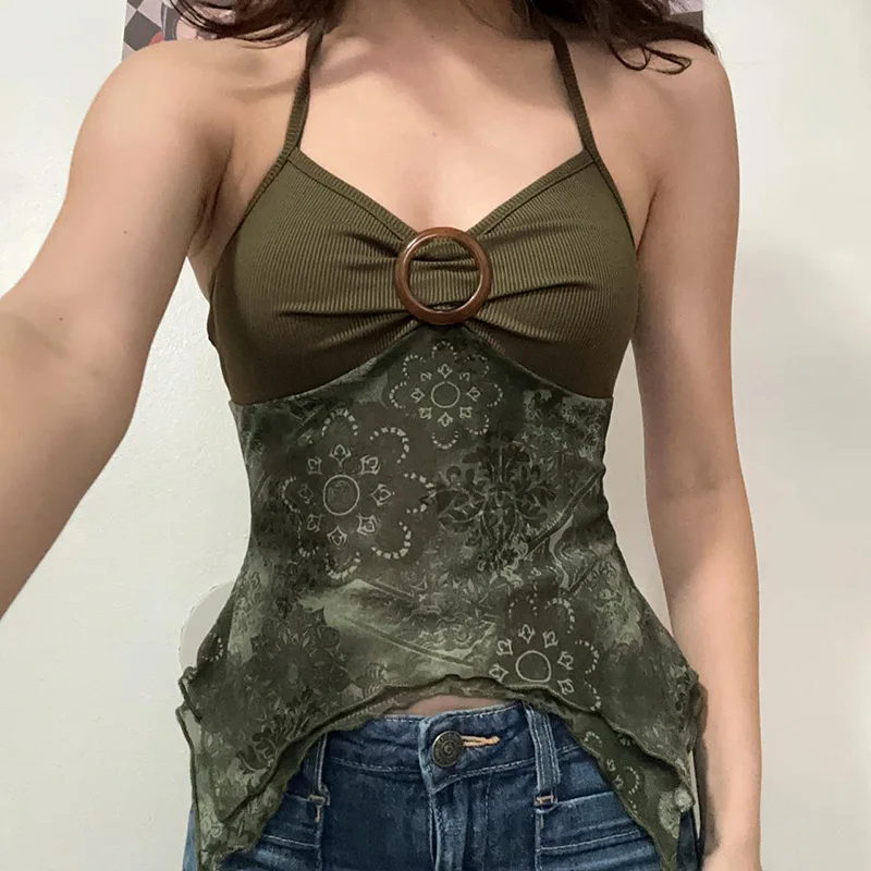 

Retro Forest Green Vintage Print Boho Y2K Camisole Backless Halter Tie Asymmetrical Tops Women Summer Vacation Clothing