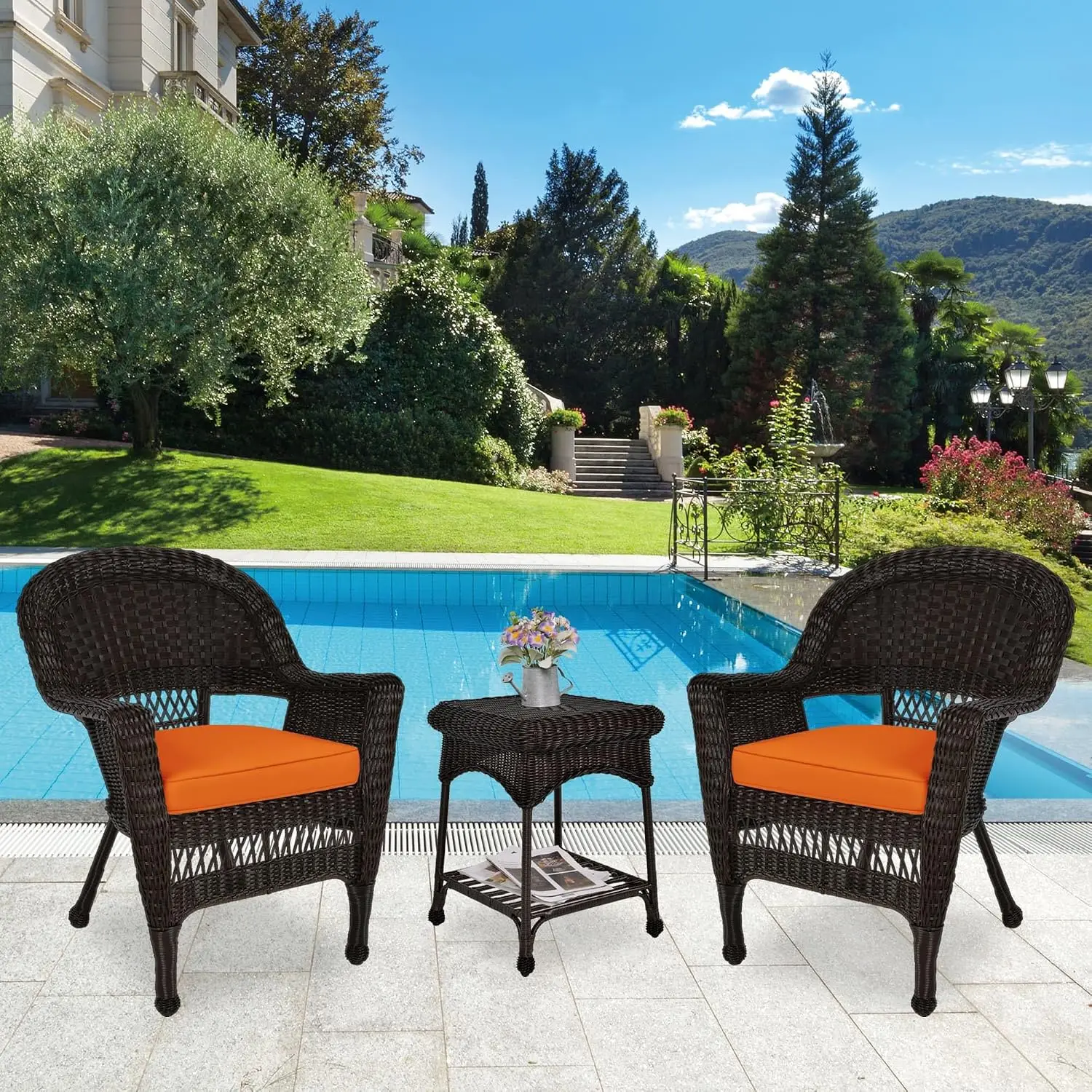 3 Piece Wicker End Table Set with with Orange Chair Cushion, Espresso, Customized
