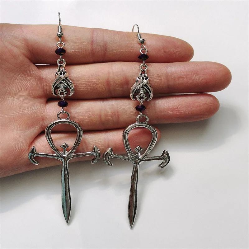 Vampire Ankh Earrings with Sleeping Bat - occult vampire nosferatu ankh earrings jewelry gothic earrings