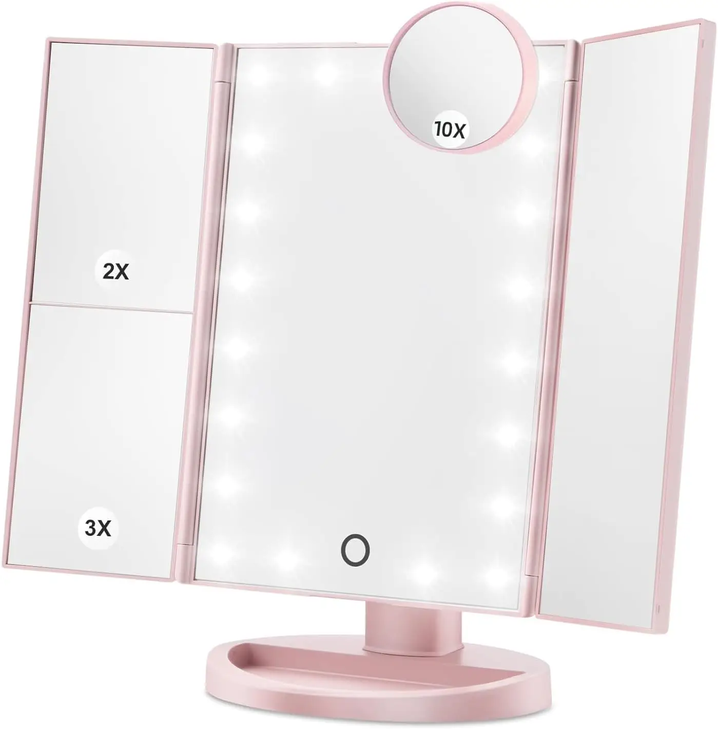 Makeup Vanity Mirror with LED Lights, 3 Level Magnification, Touch Control, Portable Folding Design, Battery & USB Powered (Rose