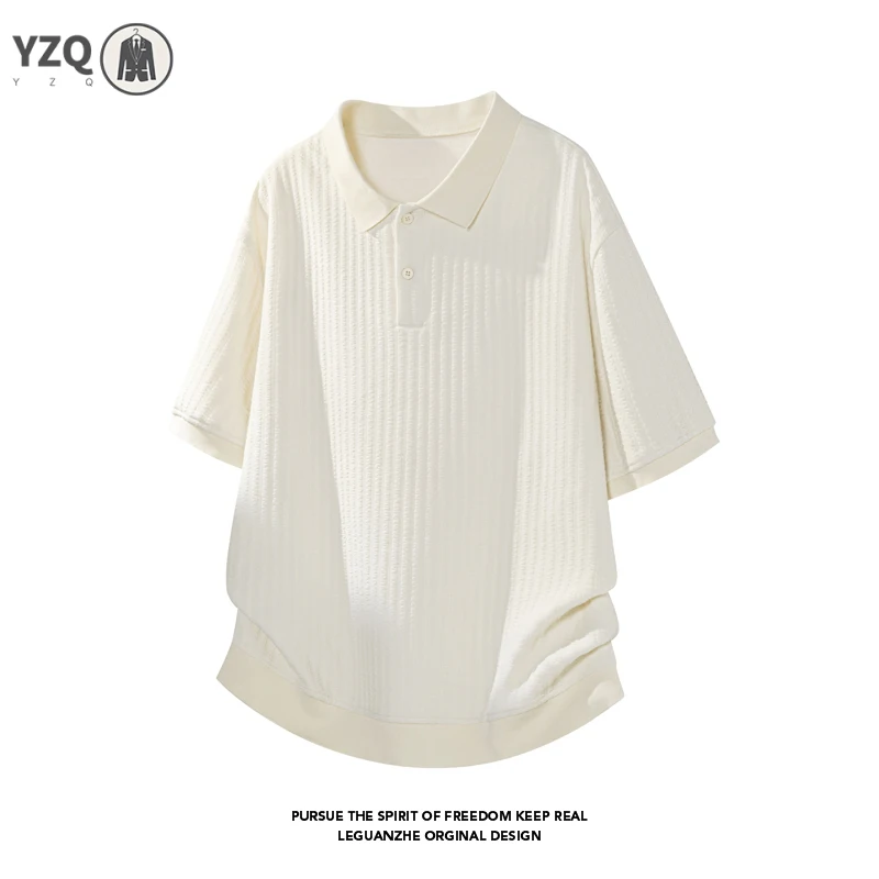 Men Partial Button Polo Collar Short Sleeve Top Vertical Jacquard Embossed Weave Relaxed Oversized For Layered Summer Outfit