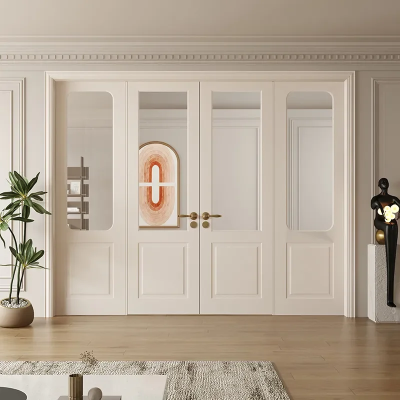 French Style White Retro Kitchen Cabinet Four Double Doors Composite Paint Finish Modern Study Room Storage Furniture