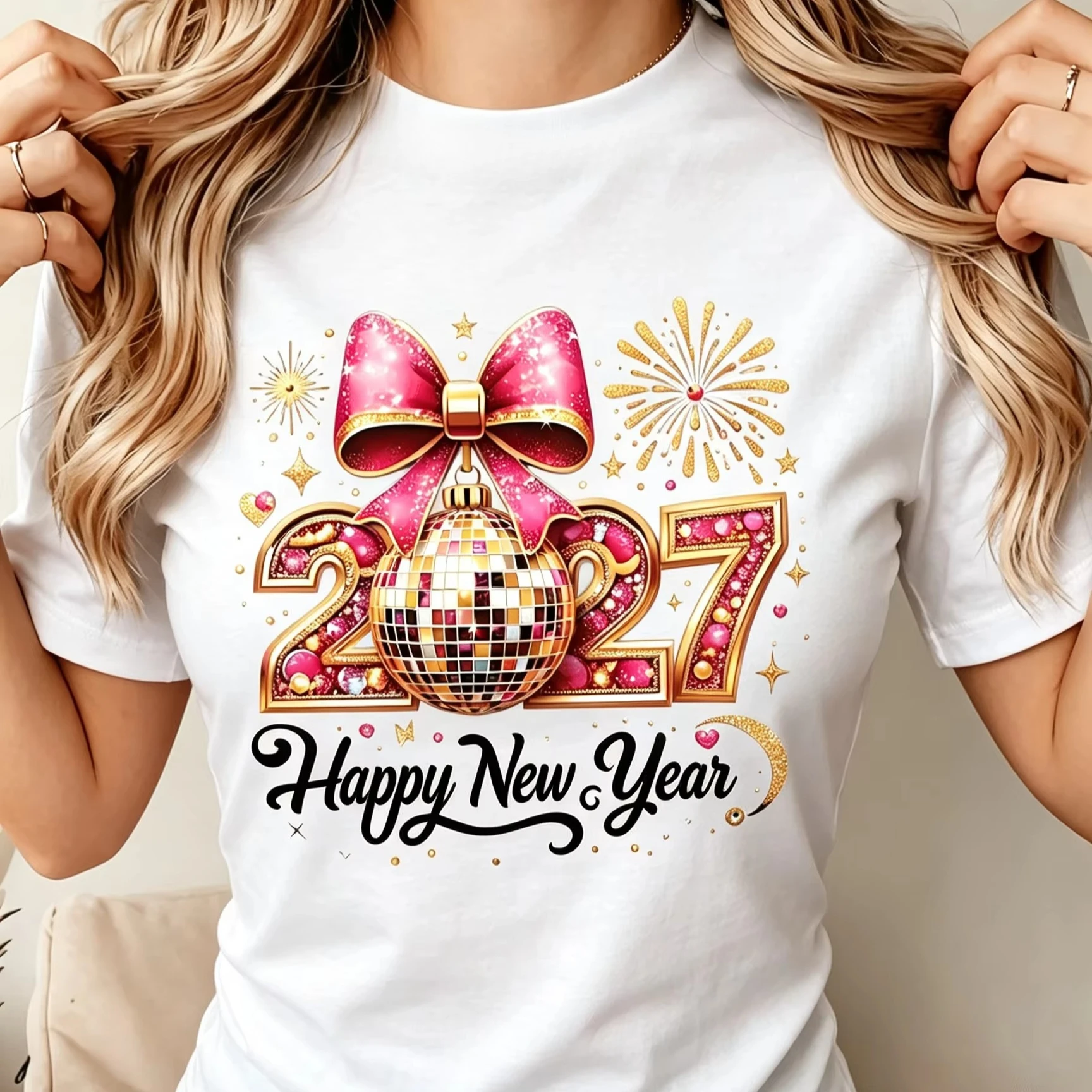 New Year T Shirt Happy New Year 2027 Glitter Bow Firework Disco Ball Letter Print Casual Short Sleeve for Women Holiday Tee Tops