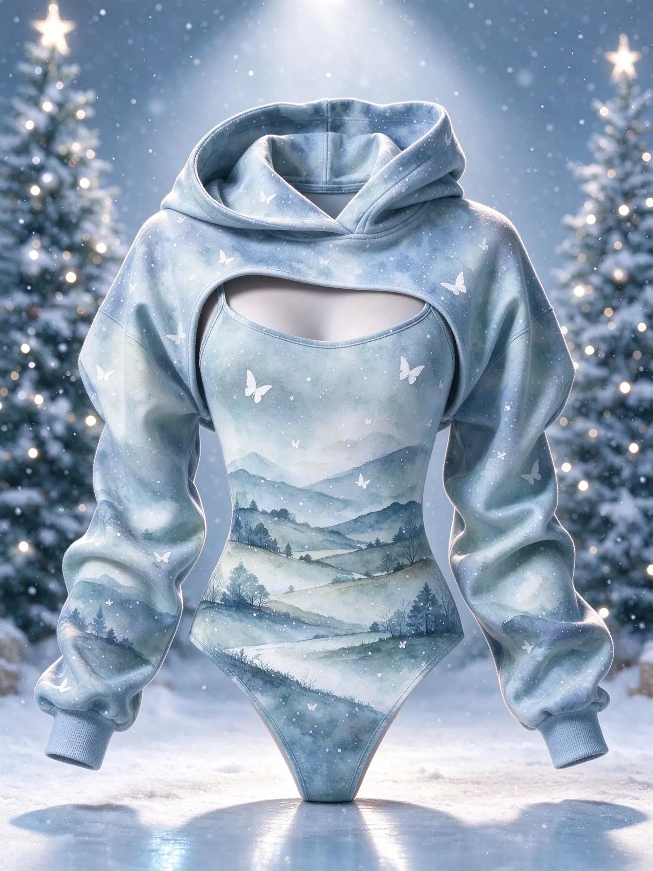 Women Winter Watercolor Landscape Print 2Pcs Outfit, Long Sleeve Hooded Shrug & Slim Bodysuit Set