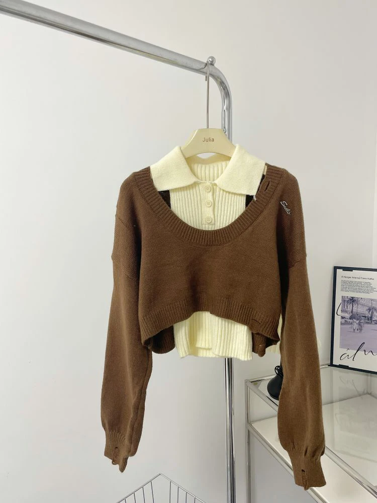 Fall Woman American Vintage Two Piece Sets Design Pullovers Tops Long Sleeve Contrast Color Cropped Sweater Jumper 2000s Gyaru