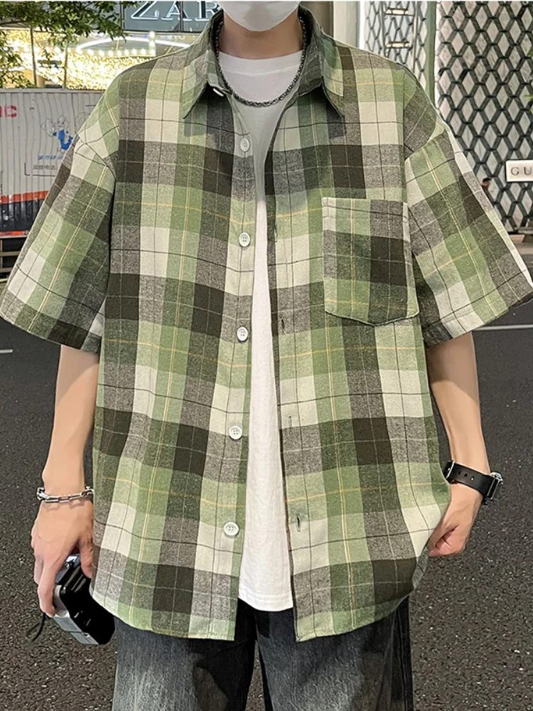 

American Retro Plaid Shirt Men's High Sensation Cool Short Sleeve Shirt Jacket Summer Teenage Five Sleeve Top Quality Loose Fit