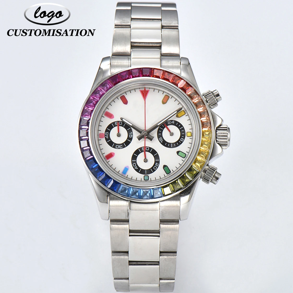 Customizable LOGO Modified VK63 Colourful Diamonds Gemstone Watch Top Men's Sport Panda 3-Eye Quartz Watch Sapphire 316 Steel