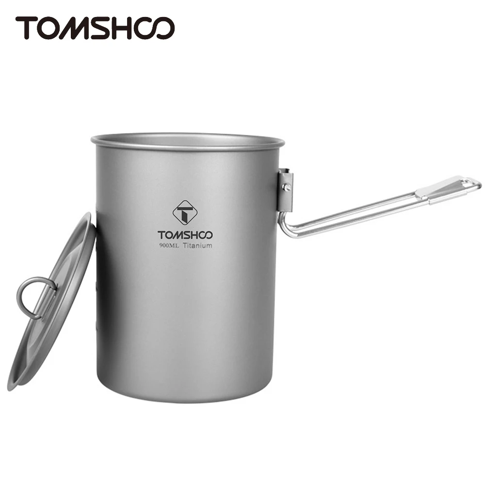 Tomshoo 900ml Titanium Pot w Lid Folding Handle Portable Cookware Outdoor Camping Hiking Picnic Water Rice Food Bowl Cup Bottle