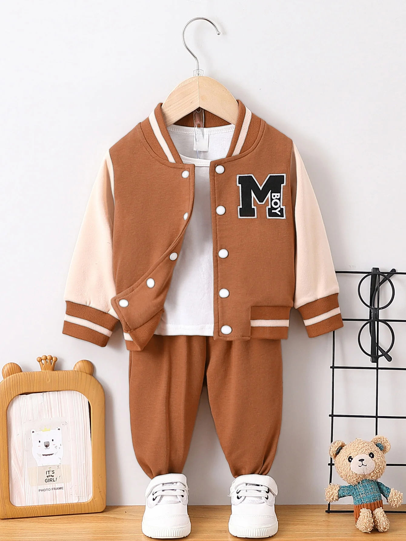 Cool Kids Baseball Outfit Set Sporty Style Color Block Design Chest Letter Decoration Open Cardigan Jacket Elastic Pants