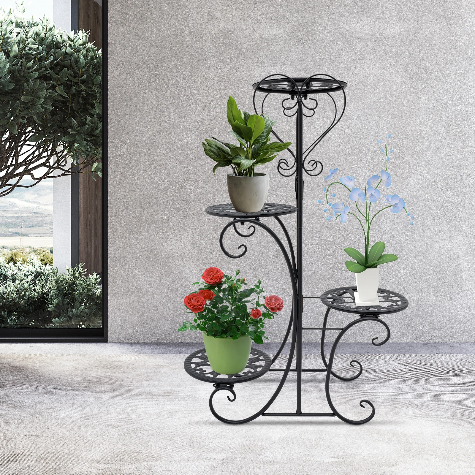

4 Tier Metal Plant Stand Indoor,32 Inch Tall Tiered Corner Plant Holders for Multiple Plants(Black- Pattern Style)