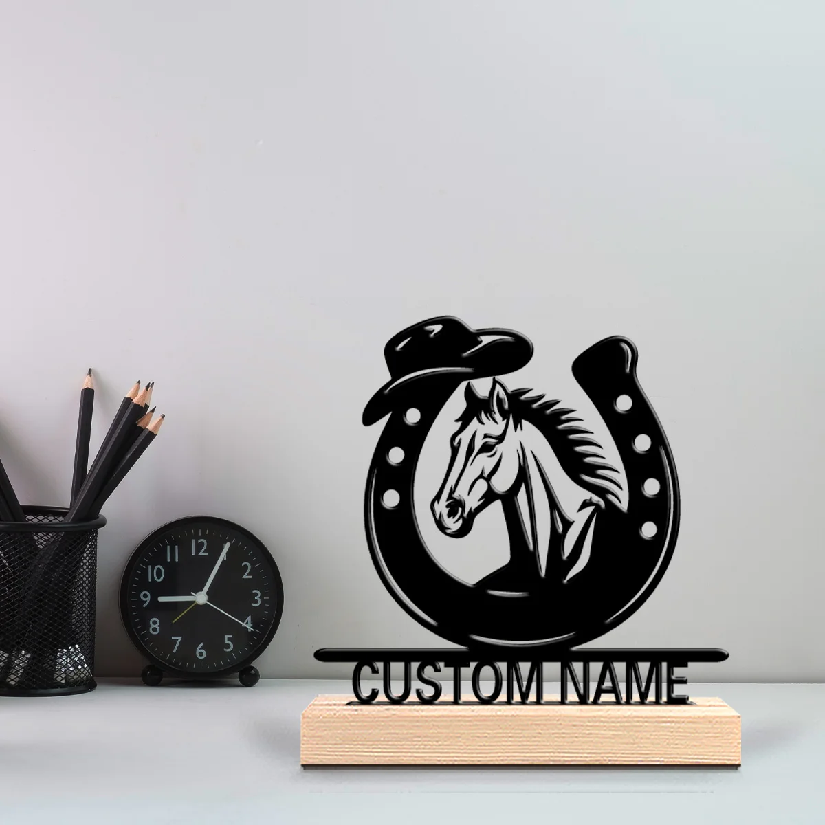 1pc Modern Saddle Customizable Letter Metal Statue Figurine With Wood Base Tin Ornament With Wood Base For Bedroom Desk Decor
