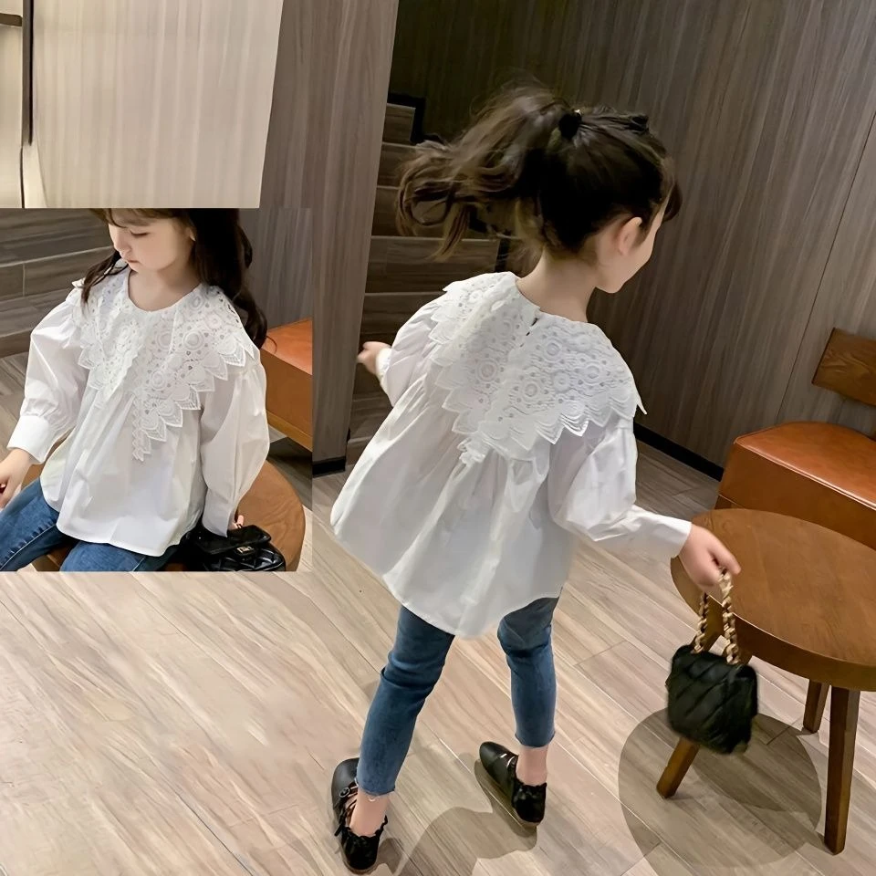 قميص بناتي جديد لعام 2026 بياقة من الدانتيل لربيع وخريف قميص من القطن الخالص على شكل دمية للأطفال بأكمام طويلة بيضاء #6