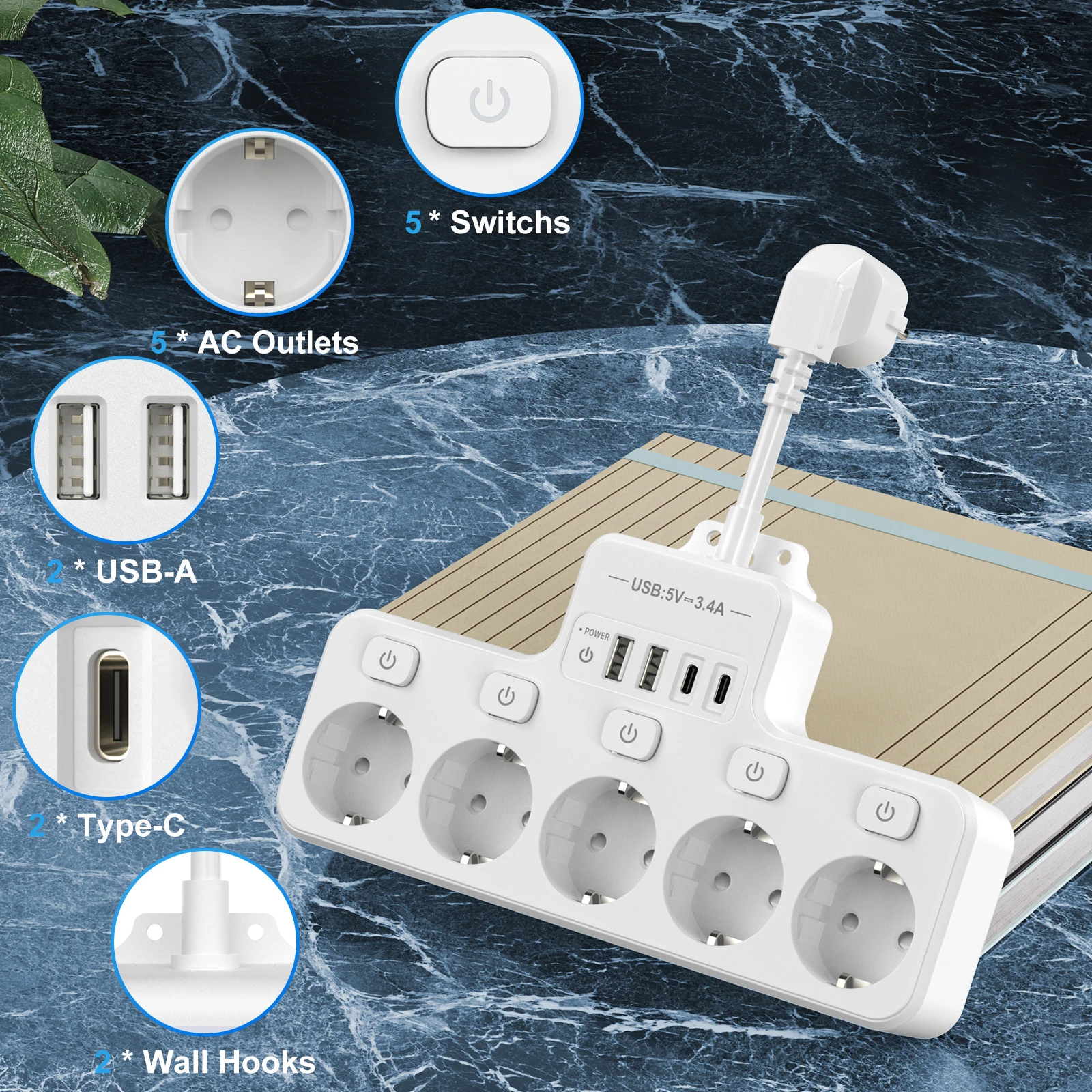 Eu Multi-plug power strip with 2 USB and 2 Type-C charging ports Power adapter Multi-function wall power socket 16A 4000W white