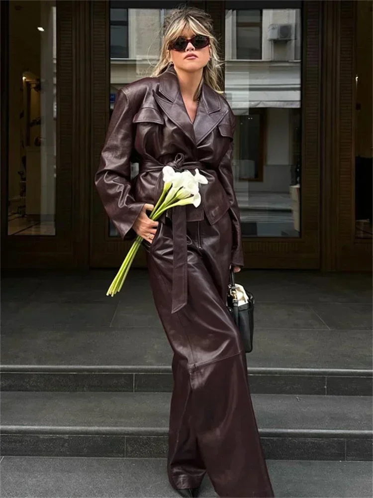 

Винтажные брюки из 2 предметов из искусственной кожи, женские комплекты с карманами на шнуровке, модная верхняя одежда, уличная одежда, осень 2024, лоскутные женские комплекты брюк