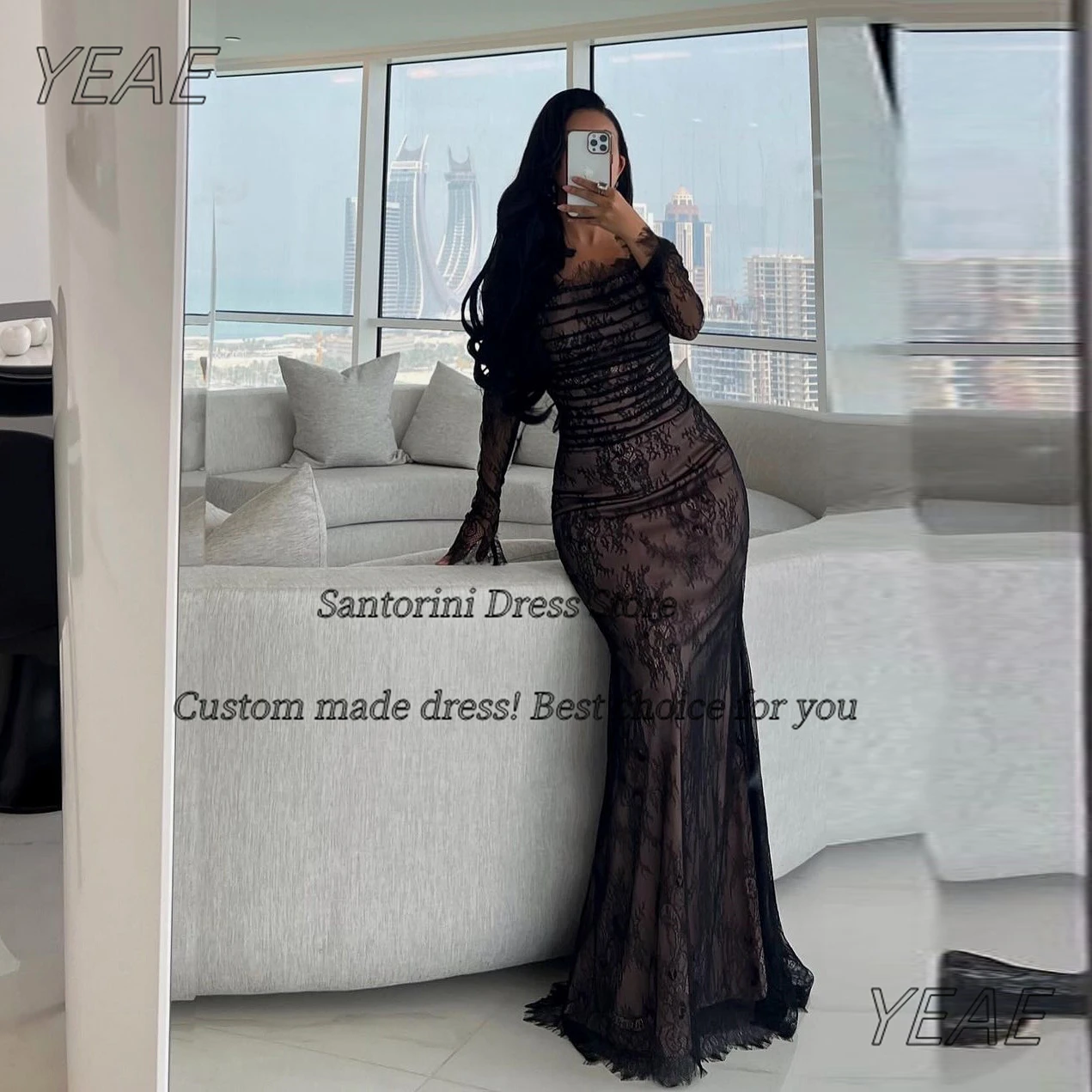 

Santorini Black Lace Mermaid Prom Dresses Long Sleeves Boat Neck Evening Dress Zipper Back Vestidos Des Fiesta