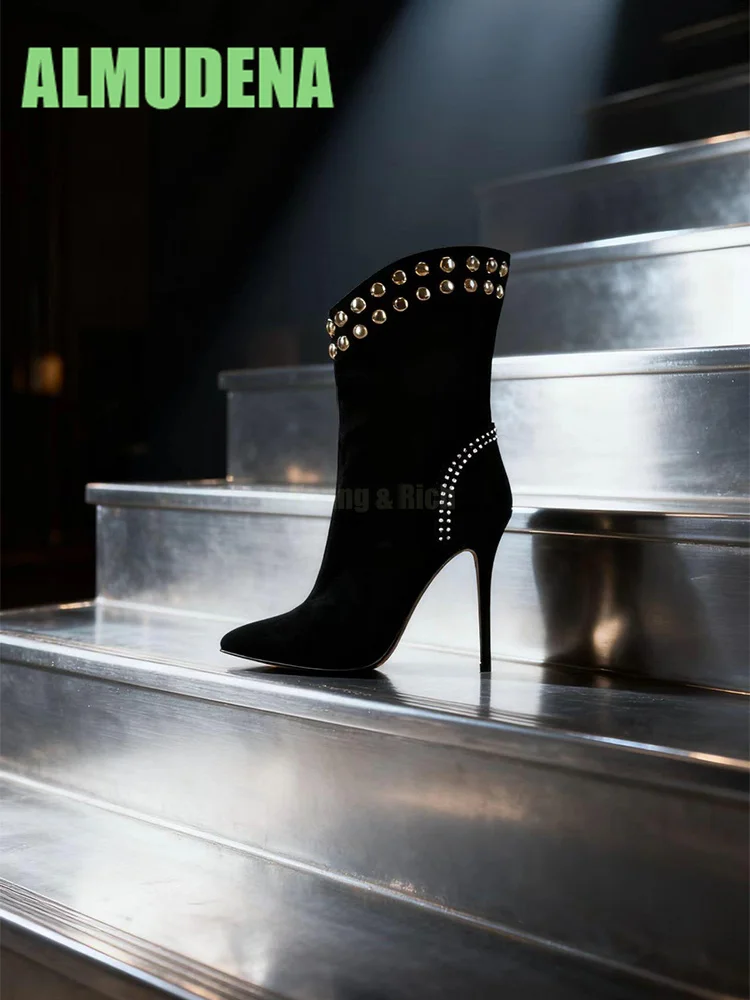 

Black Studded Mid Length Boots Fashionable and Simple Pointed Sleeves Exuding Refined and Elegant Style High Heels Short Boots