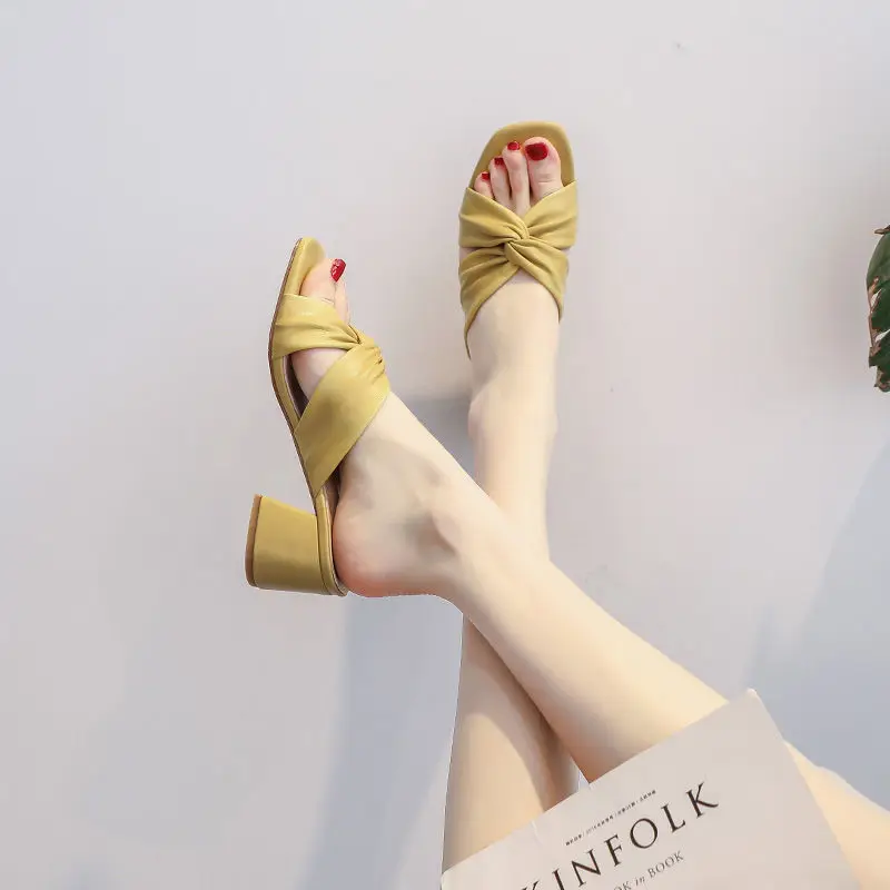 

High Heels Sandals Women Summer 2022 Plus Size 40 Pu Female Slippers Fashion Yellow Open Toe Slides Flip Flops Chaussure Femme