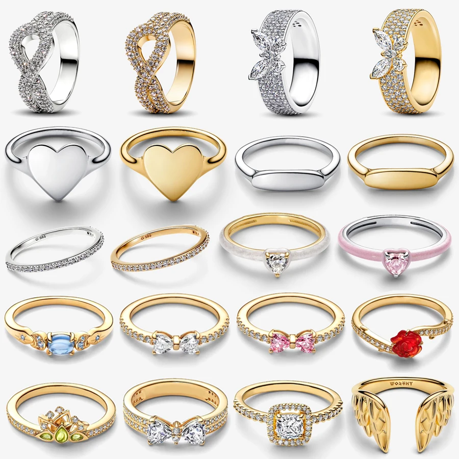 

2026 New 925 Silver Eternal Shining Double Row Butterfly Love Heart Crown Ring Fashion DIY Charm Jewelry Exquisite Gift