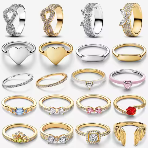 2026 New 925 Silver Eternal Shining Double Row Butterfly Love Heart Crown Ring Fashion DIY Charm Jewelry Exquisite Gift