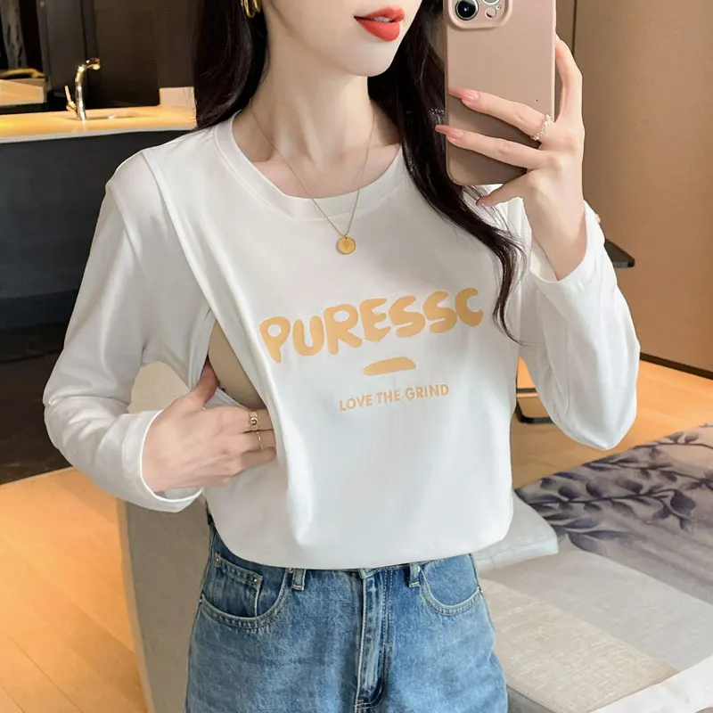 Fashion Letters Print Maternity Cotton Nursing Clothes Long Sleeve O-neck Postpartum Woman Lactation Tops Pregnancy Basic Shirts