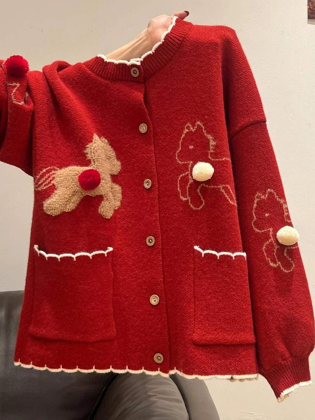 

plus Size Knitted Open Cardigan Sweater Women's Autumn Winter Loose Outerwear Red Design Slimming Trendy Commute Sle