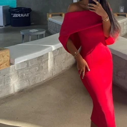 Red Exquisite Women Straight Evening Dress Boat Neck Jersey Half Sleeves Ankle Length Pleats Bespoke Occasion Gowns Saudi Arabia