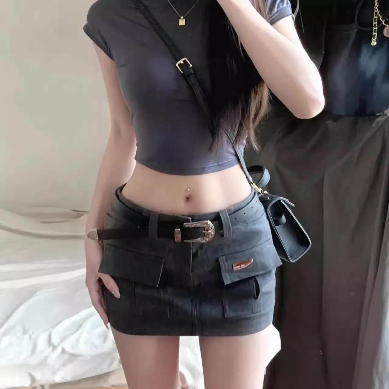 Spice Girl Y2k Mini Hip Skirt Women's Grey High Waist Cargo Skirts with Pockets