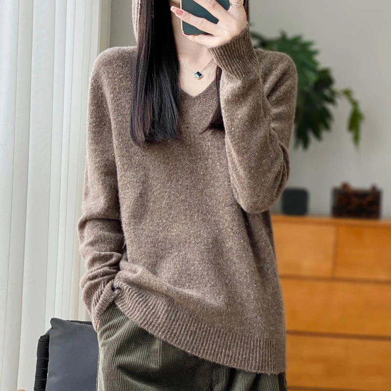 Women\'s Autumn Winter Pullover Hooded V-Neck 100% Pure Wool Dot Yarn Knitted Sweater Long Sleeved Slim Fit Loose Fashionable Top