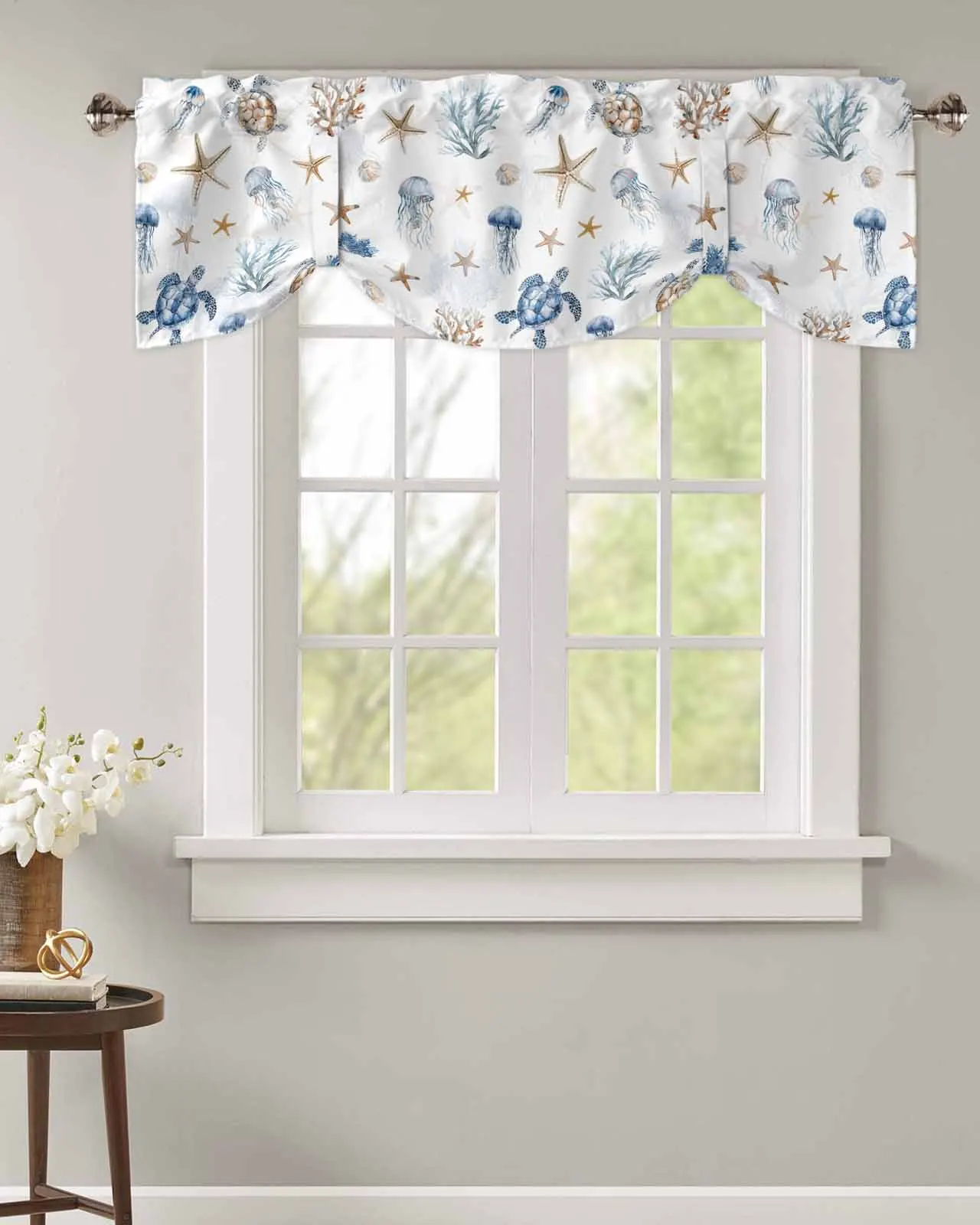 Sea Turtle Coral Jellyfish Short Window Curtain Adjustable Tie Up Valance for Living Room Kitchen Window Drapes