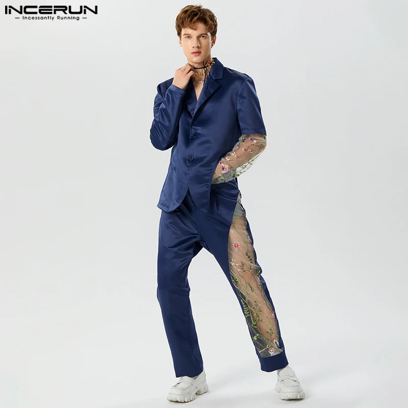 INCERUN 2023 American Style Fashion Men\'s Sets Long Sleeved Suit Jacket Pants Patchwork Lace Flower Hollow Two-piece Sets S-5XL