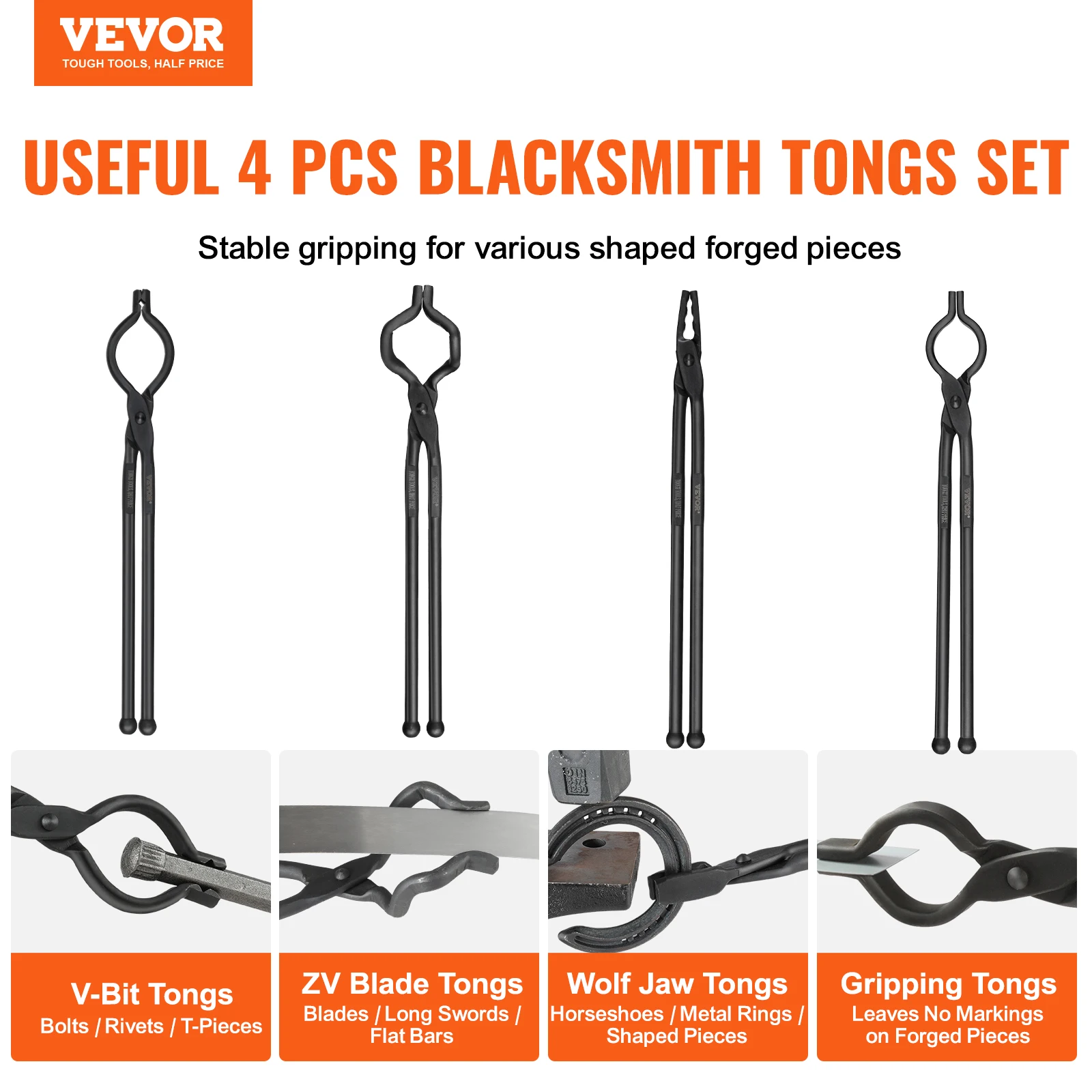 VEVOR Blacksmith Tongs 18” V-Bit Bolt Tongs Wolf Jaw Tongs Z V-Bit Tongs and Gripping Tongs Carbon Steel Forge Tongs