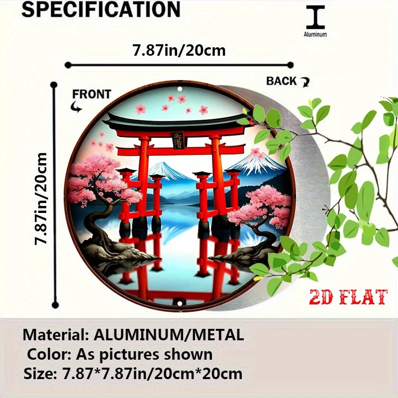 2D Flat - One-Piece Round Sign Featuring Pink Blossoms, Depicting a Tranquil Scene with a Tokyo Torii,