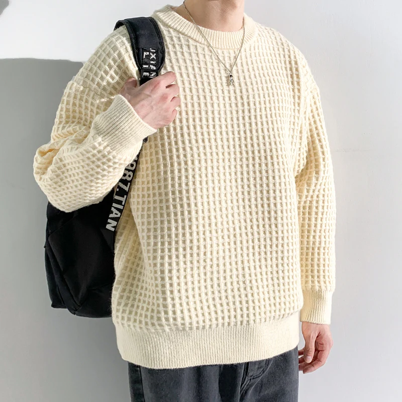 

Autumn and Winter Men's Solid Color Waffle Plaid Knitwear Fashion Casual O-neck Oversize Sweater Thickening Warm Men Clothing