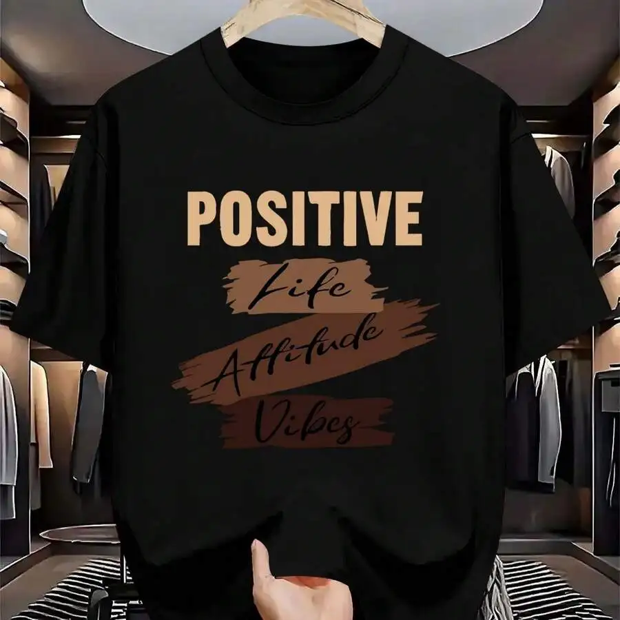 Men's Positive Energy Printed T-Shirt - Black Casual Summer Short Sleeve, Motivational Design, Soft Fabric, Round Neck, Machine