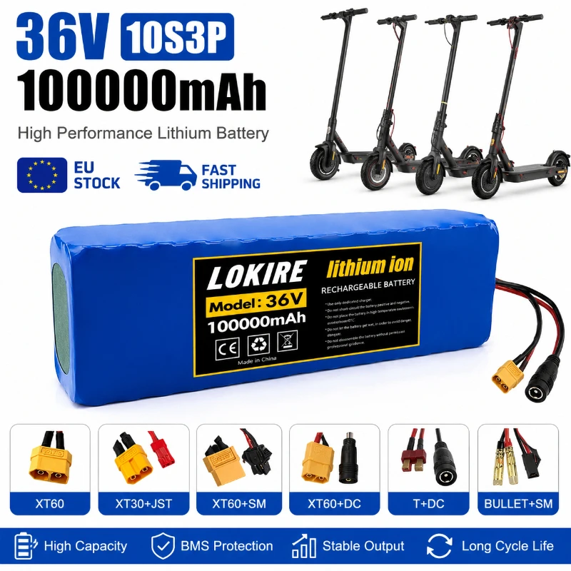 36V 100Ah 18650 wiederaufladbarer Lithium-Akku 10S3P 1000W mit BMS für Fahrrad- und Roller-Akkupack + Ladegerät
