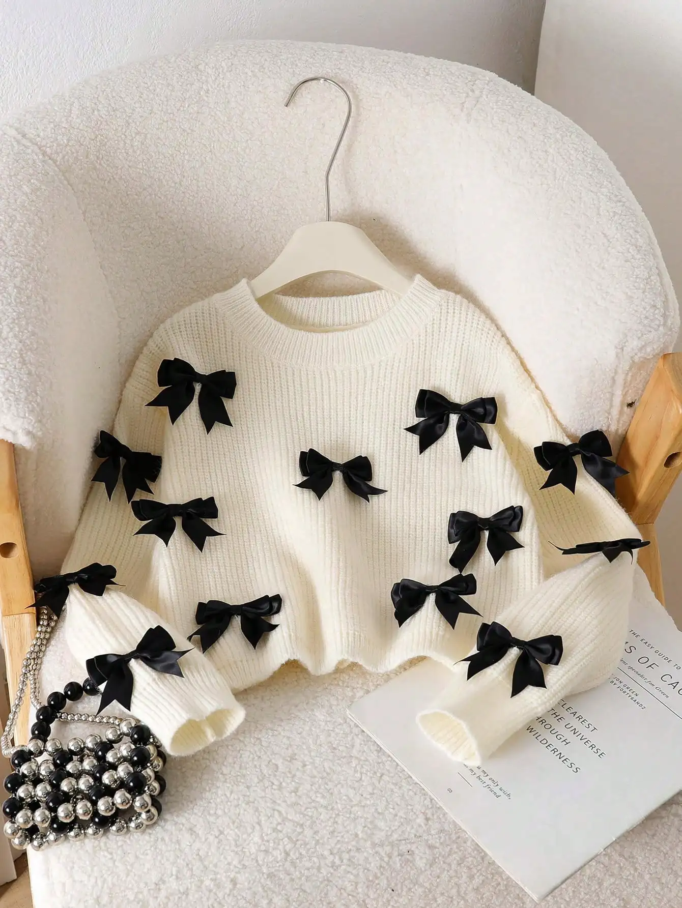 سترة Tween Girl اللطيفة المستوحاة من الباليه بفيونكة مزدوجة ورقبة دائرية مقصوصة، بلوفر محبوك جميل باللون الرمادي #4