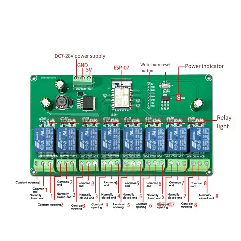 3CGRO-Relay Module ESP-07 8 Way WIFI Module 5V/7-28V Power Supply ESP8266 Development Board Secondary Development Module