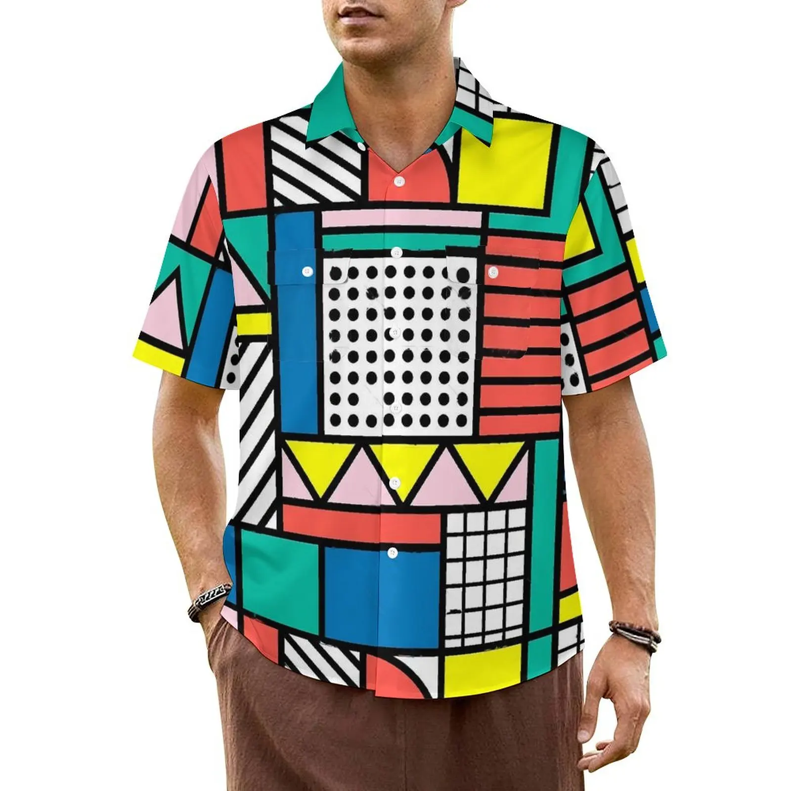 

Пляжная рубашка с цветными блоками Мемфиса, мужские винтажные повседневные рубашки с геометрическим рисунком, удобные Гавайские блузки с коротким рукавом большого размера 5XL на заказ