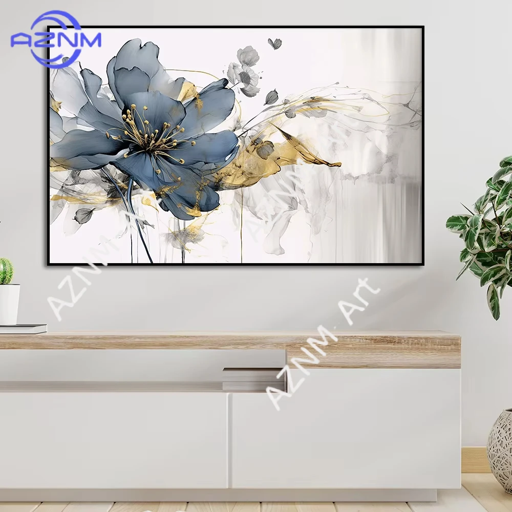 1 Stück, blaue goldgrau-graue Blumenmalerei, moderne abstrakte minimalistische Wandkunst, Leinwanddruck, Poster für Wohnzimmer, Schlafzimmer, Heimdekoration