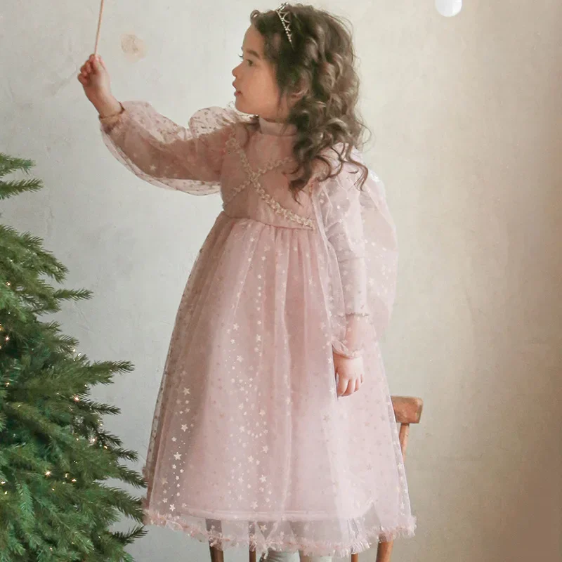 

Baby Girls Dress Casual Sweet Christmas Autumn New Style Children Clothing New Year Princess Dress Round Collar Mesh Dress