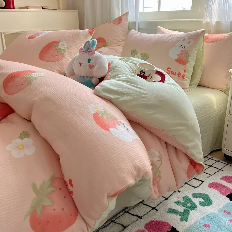 

Cute Strawberry and Rabbit Duvet Cover Set 100% Washed Cotton Linen Feel Super Soft Comfortable Chic 4PCs Home Decor Bedding Set