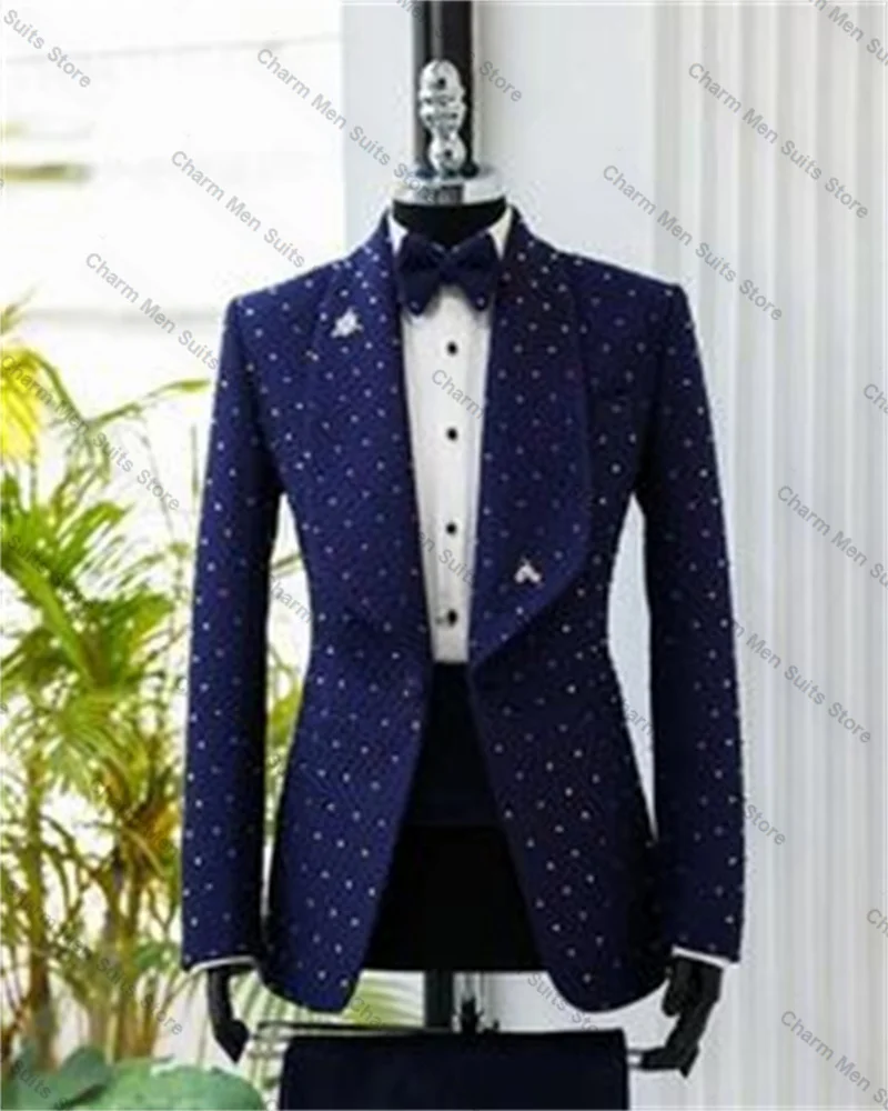 

Crystals Blue Men Suits Set 2 Piece Blazer+Pant Trousers Customized Groom Wedding Tuxedo Formal Office Prom Jacket Outfit