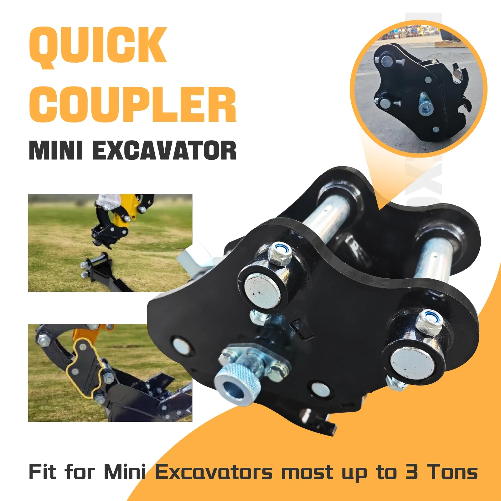 

High quality mini excavator quick change coupler, central wheelbase 95mm/3.74 inches, span 90mm/3.54 inches, hole 25mm/0.98 inch