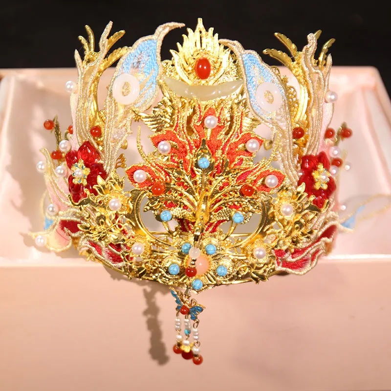 Heavy Craft Phoenix Coronet Chinese Traditional Wedding Bride Hanfu Xiuhe Suit Headpiece Accessory Elegant Gold Crown Set Piece
