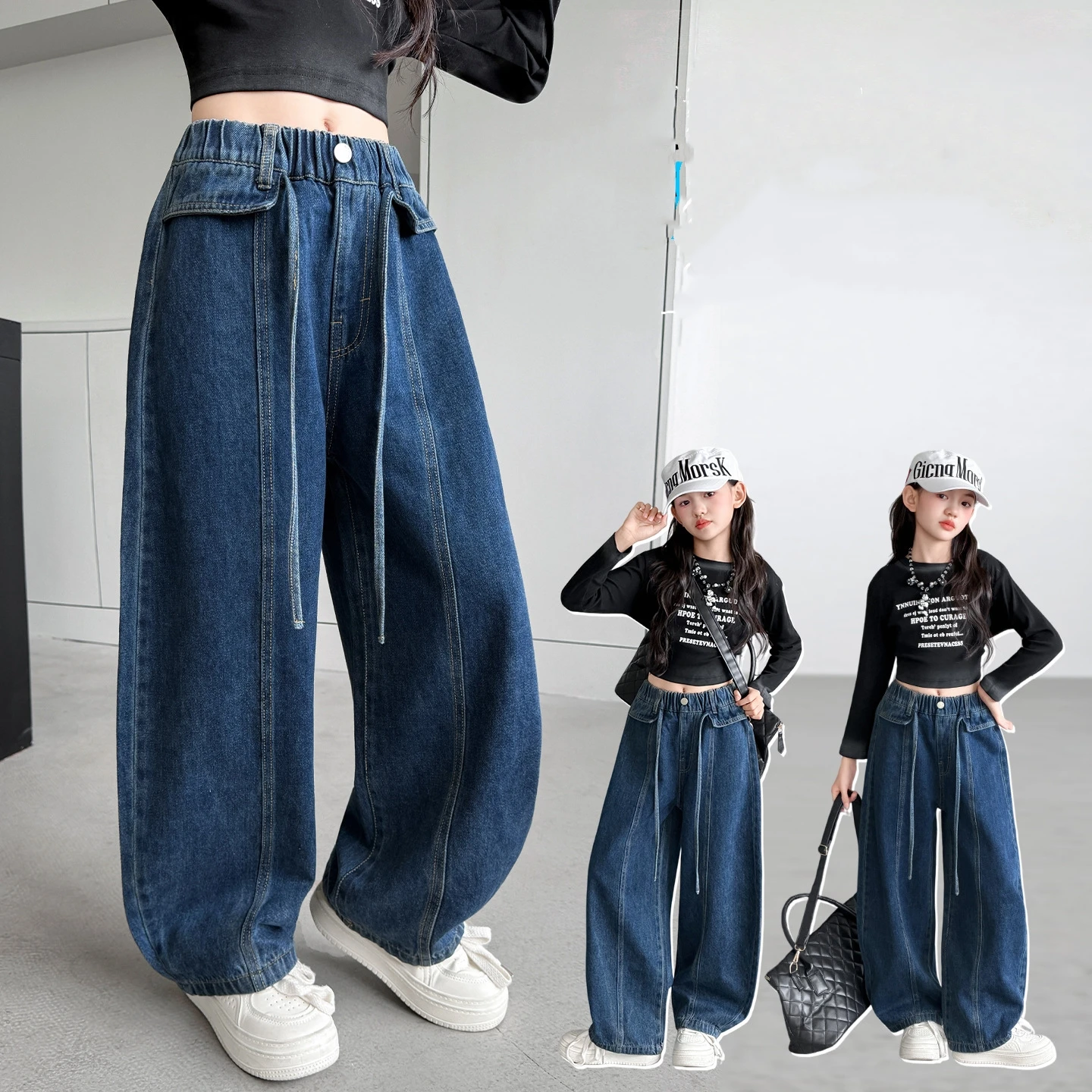 Spring Fashion Girls Jeans Wide Leg Pants Patchwork Middle School Girls Breathable Comfortable Natural Waist Denim Trousers