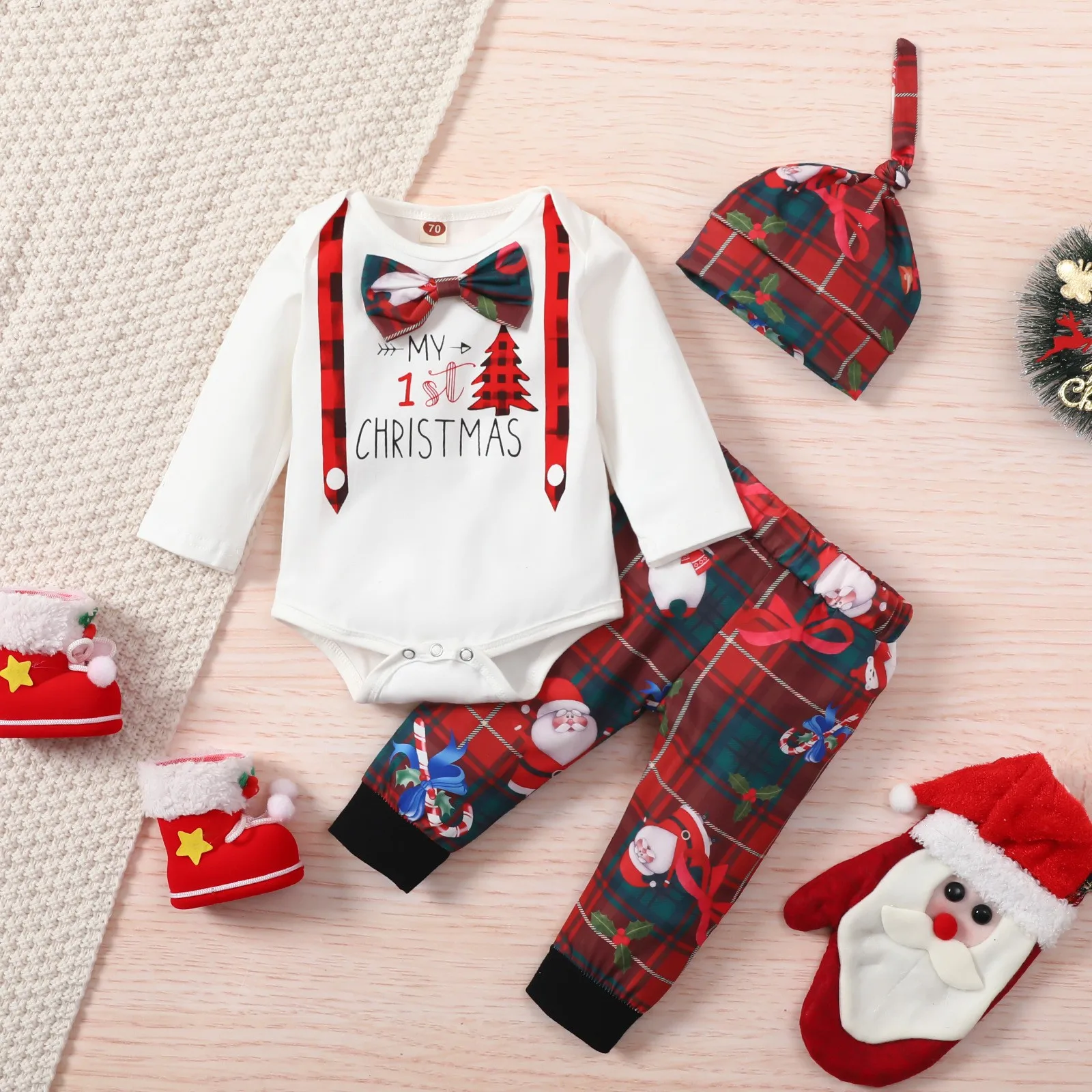 2025 autumn and winter Christmas baby children single hat holiday printed top cartoon printed trousers three-piece suit