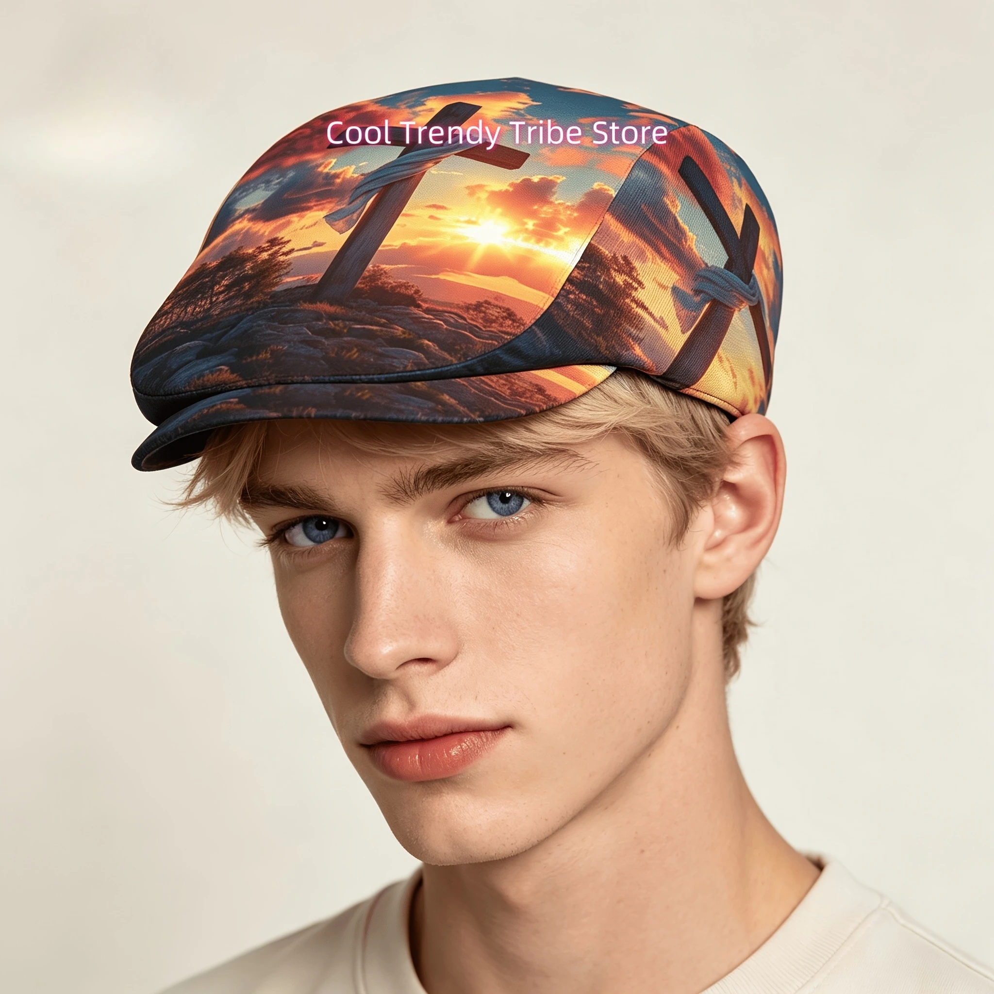 Cross with White Cloth at Sunset 1pc All-Over Print Flat-Top Hats for Men And Women, Newsboy Caps, Berets, Irish Hats, Driver Ca