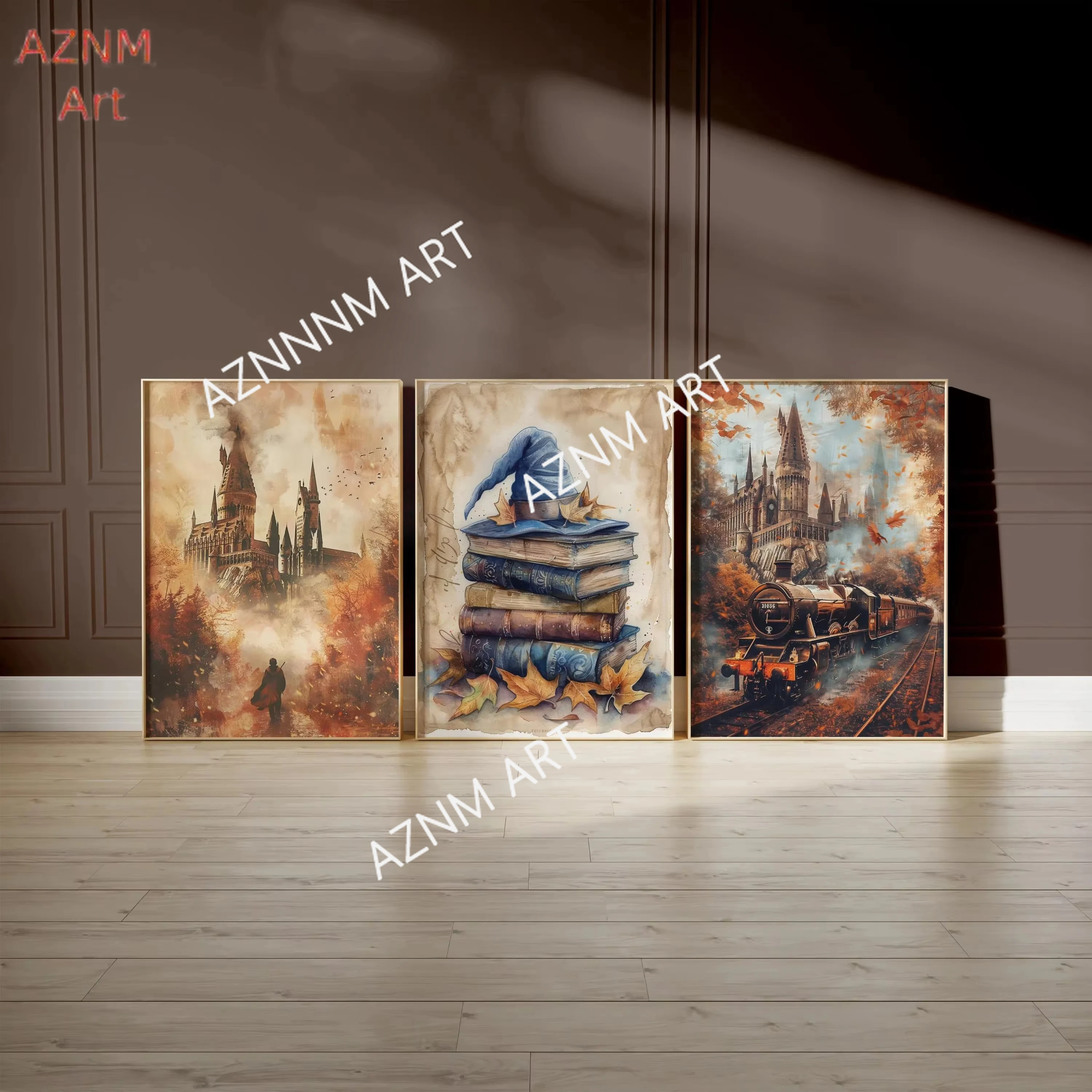 3PC Autumn Halloween Wizard Posters, Magic Castle Train Owl Wall Art, Fantasy Room Decor, Fall Nursery Print Set, Wizard Art