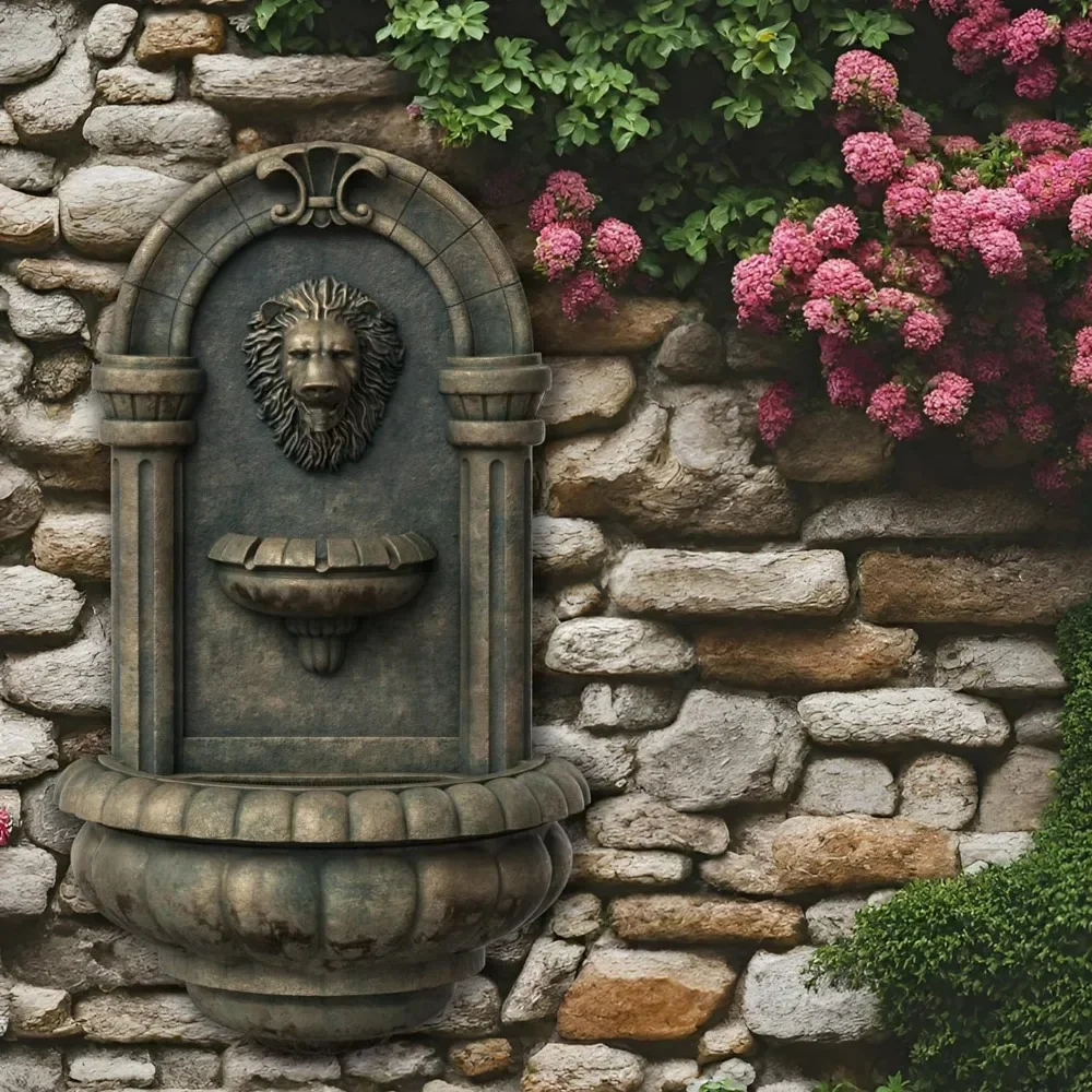y 32.1 in Outdoor Water Fountain Wall-Mounted Lion Head Stone LED  for Gardens, Landscaping, Patios, Balconies,Fountains